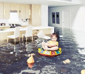 baby floating on a flooded basement
